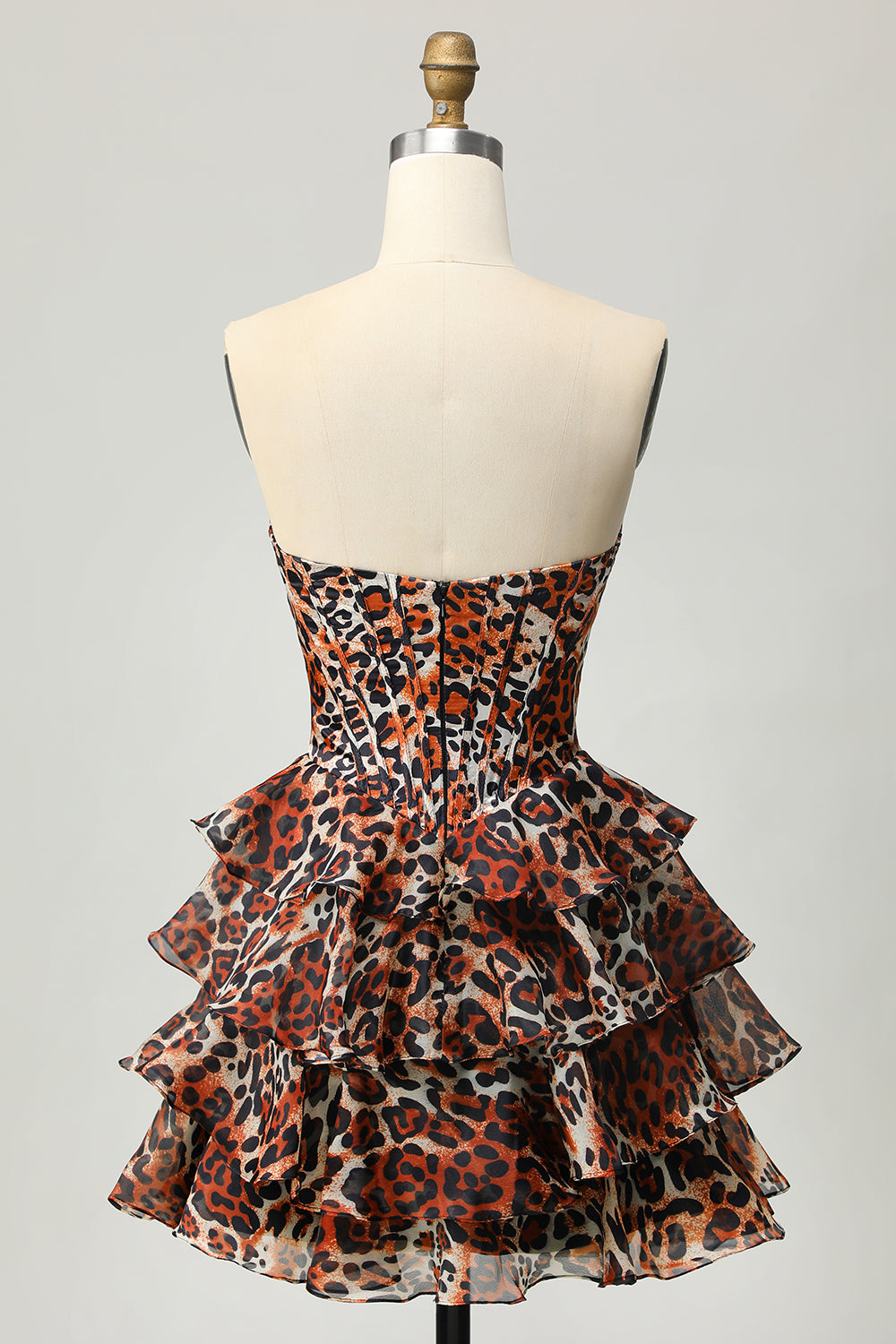 Strapless Khaki Leopard Tiered A Line Corset Cocktail Dress with Ruffles
