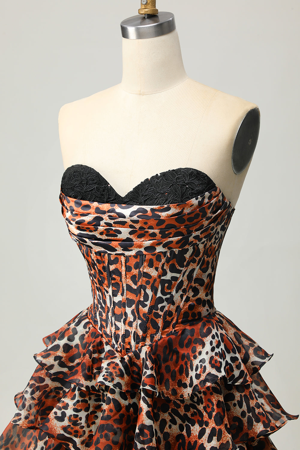 Khaki Leopard A-line Sweetheart Tiered Corset Short Prom Dress