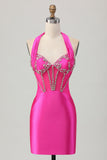 Fuchsia Bodycon Halter Backless Satin Cocktail Dress with Rhinestones