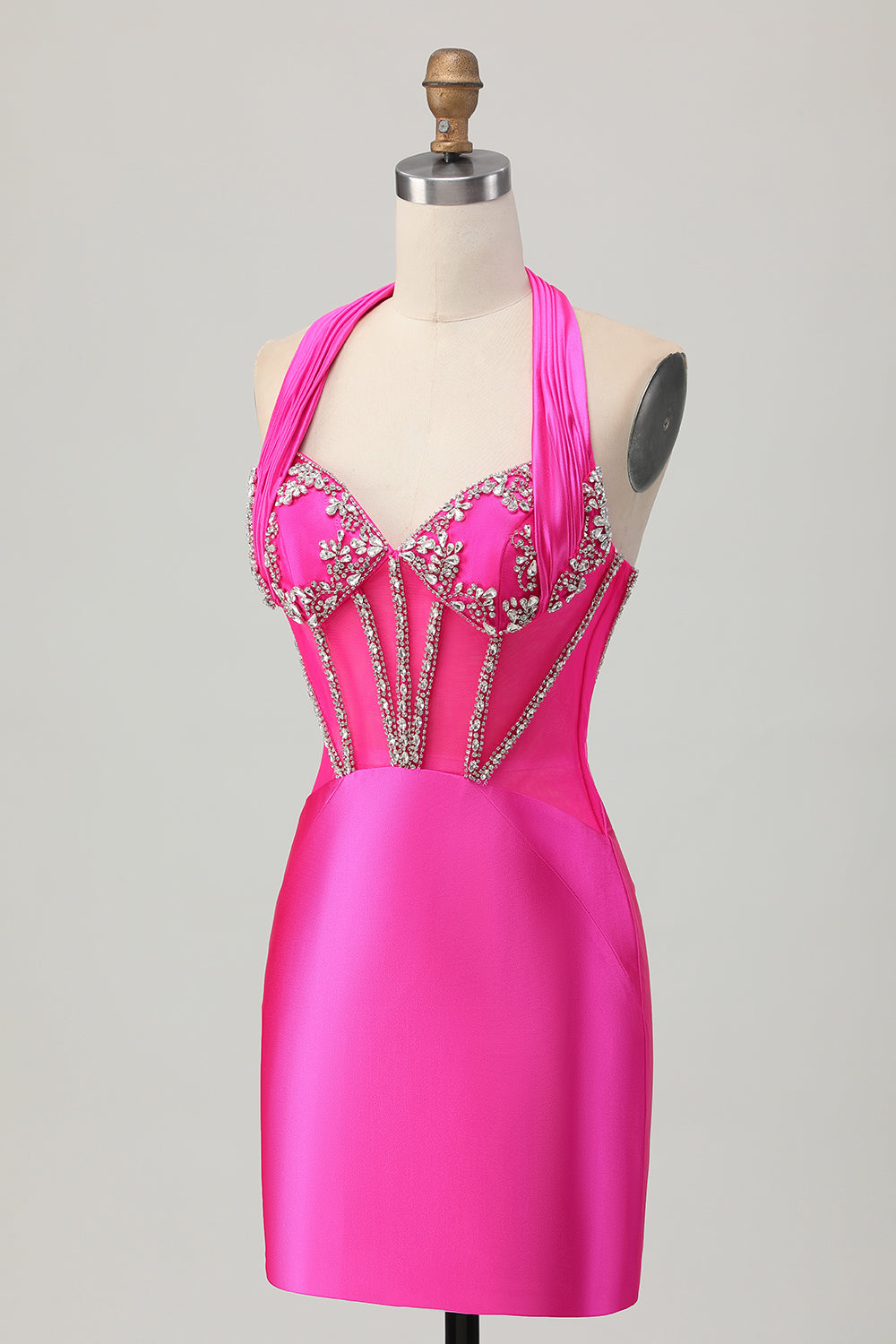 Royal Blue Bodycon Halter Backless Satin Cocktail Dress with Rhinestones
