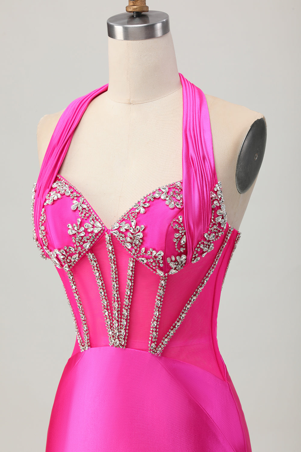 Fuchsia Bodycon Halter Backless Satin Cocktail Dress with Rhinestones