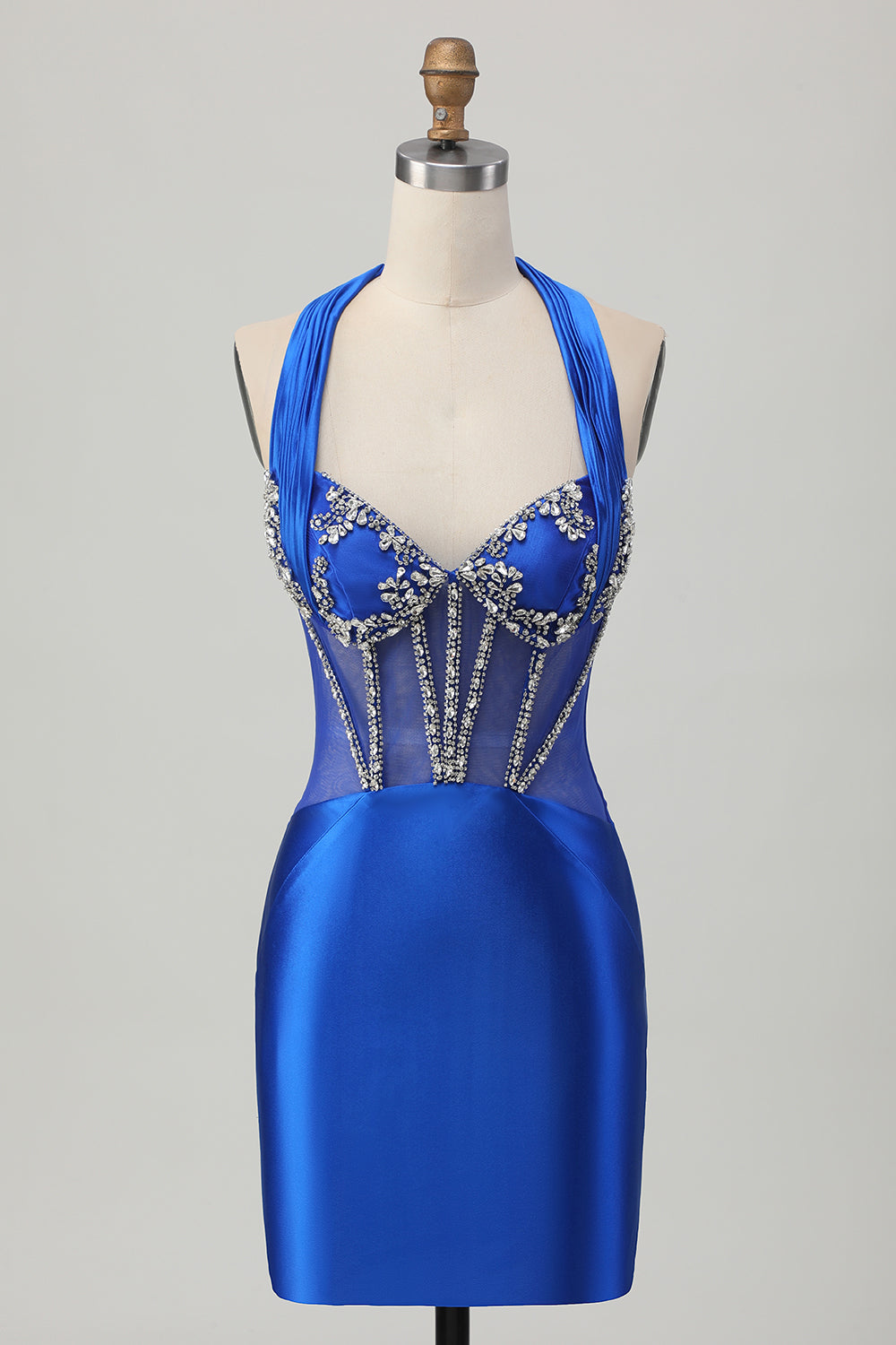 Royal Blue Bodycon Halter Backless Satin Cocktail Dress with Rhinestones