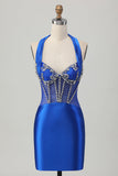 Royal Blue Bodycon Halter Backless Satin Cocktail Dress with Rhinestones