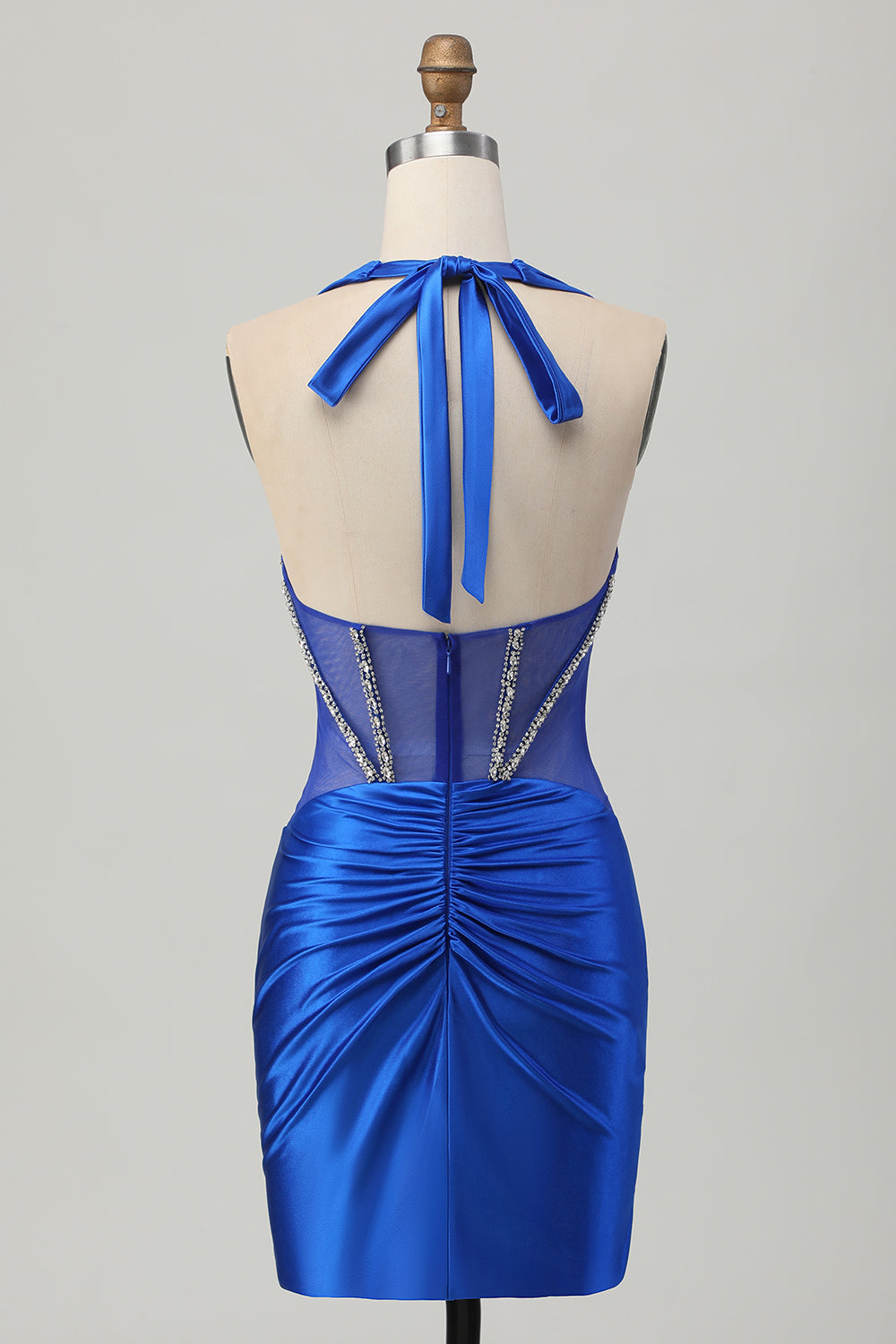Royal Blue Bodycon Halter Backless Satin Cocktail Dress with Rhinestones