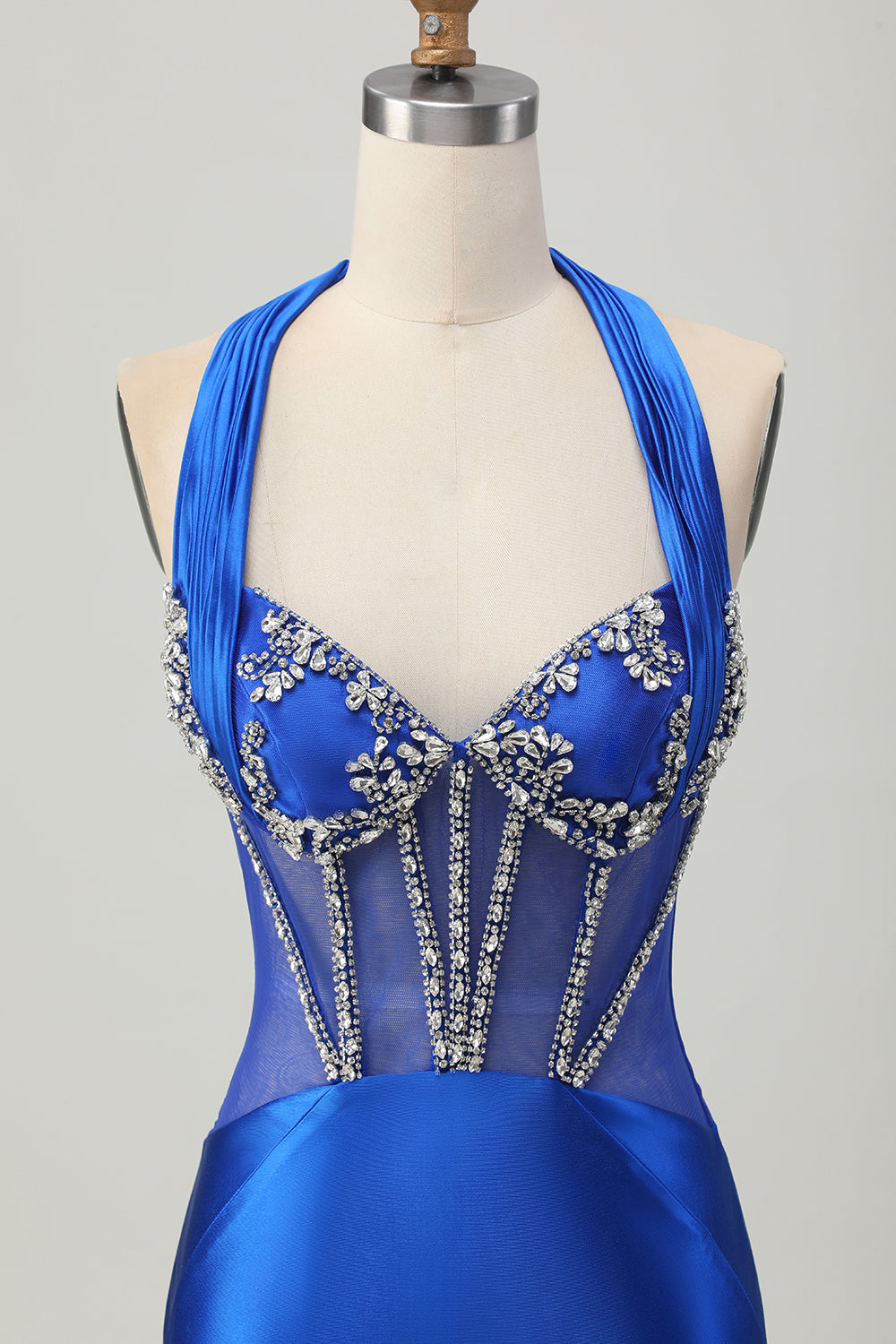 Royal Blue Bodycon Halter Backless Satin Cocktail Dress with Rhinestones