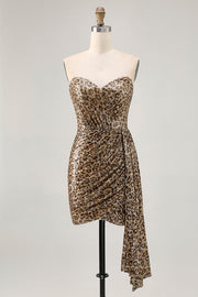 Khaki Leopard Ruched Strapless Short Prom Dress with Streamer