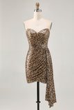 Khaki Leopard Ruched Strapless Short Prom Dress with Streamer