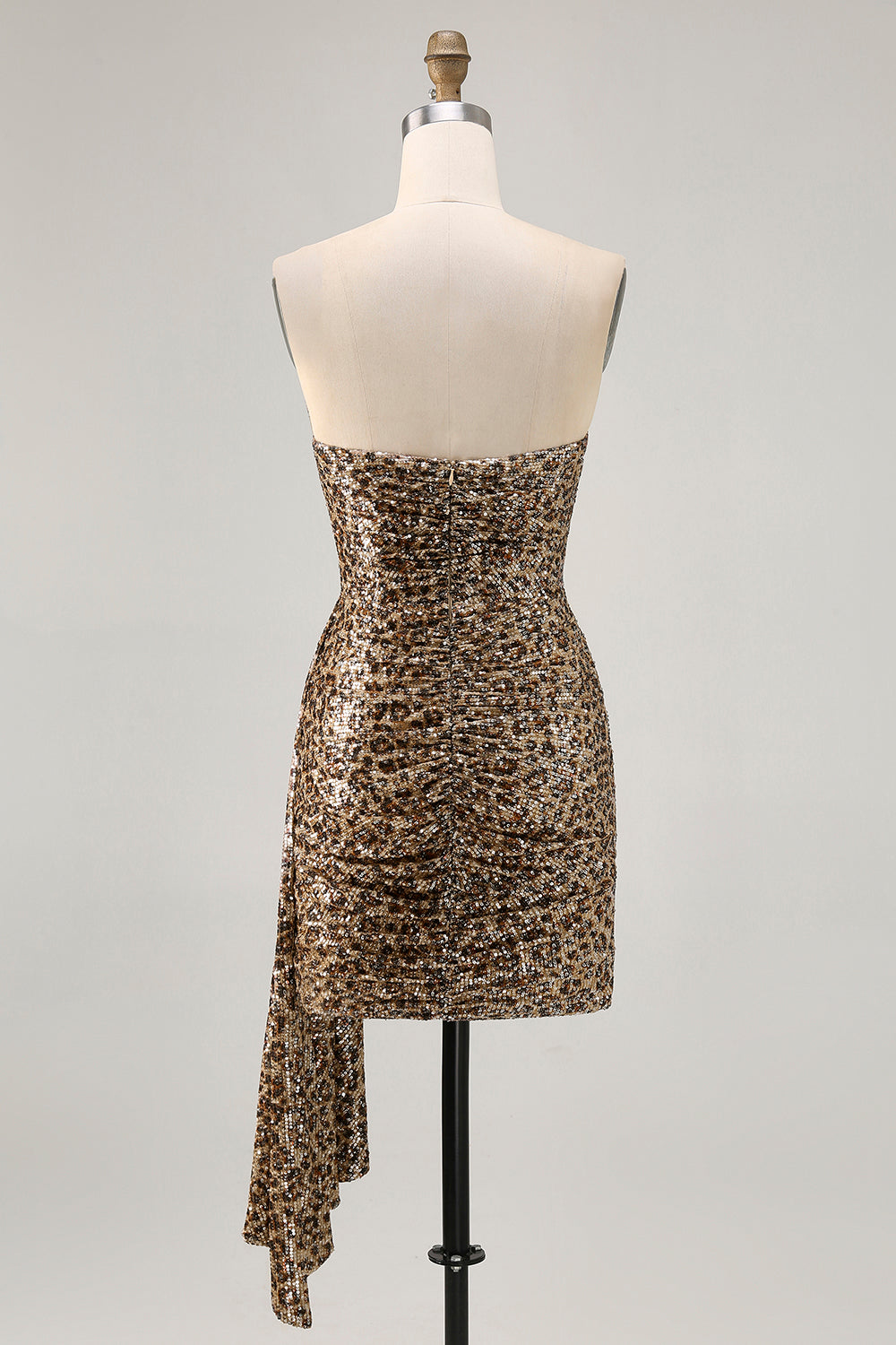 Khaki Leopard Ruched Strapless Short Prom Dress with Streamer
