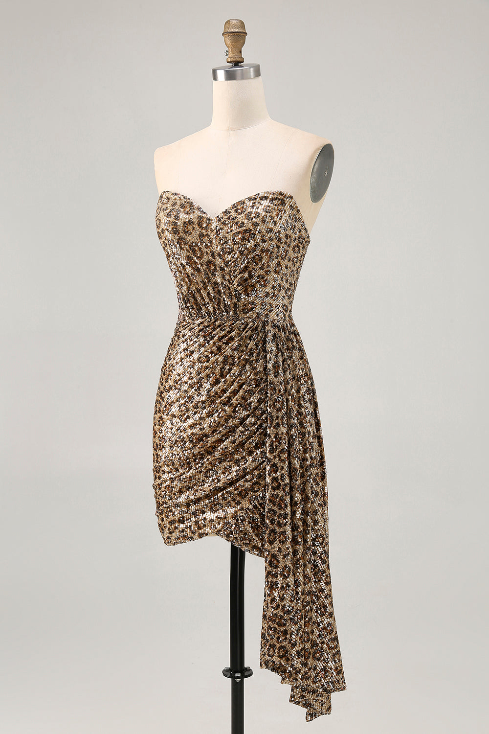 Khaki Leopard Ruched Strapless Short Prom Dress with Streamer
