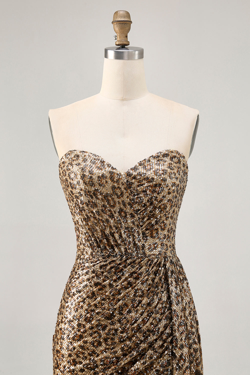 Khaki Leopard Ruched Strapless Short Prom Dress with Streamer