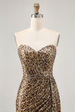 Khaki Leopard Ruched Strapless Short Prom Dress with Streamer
