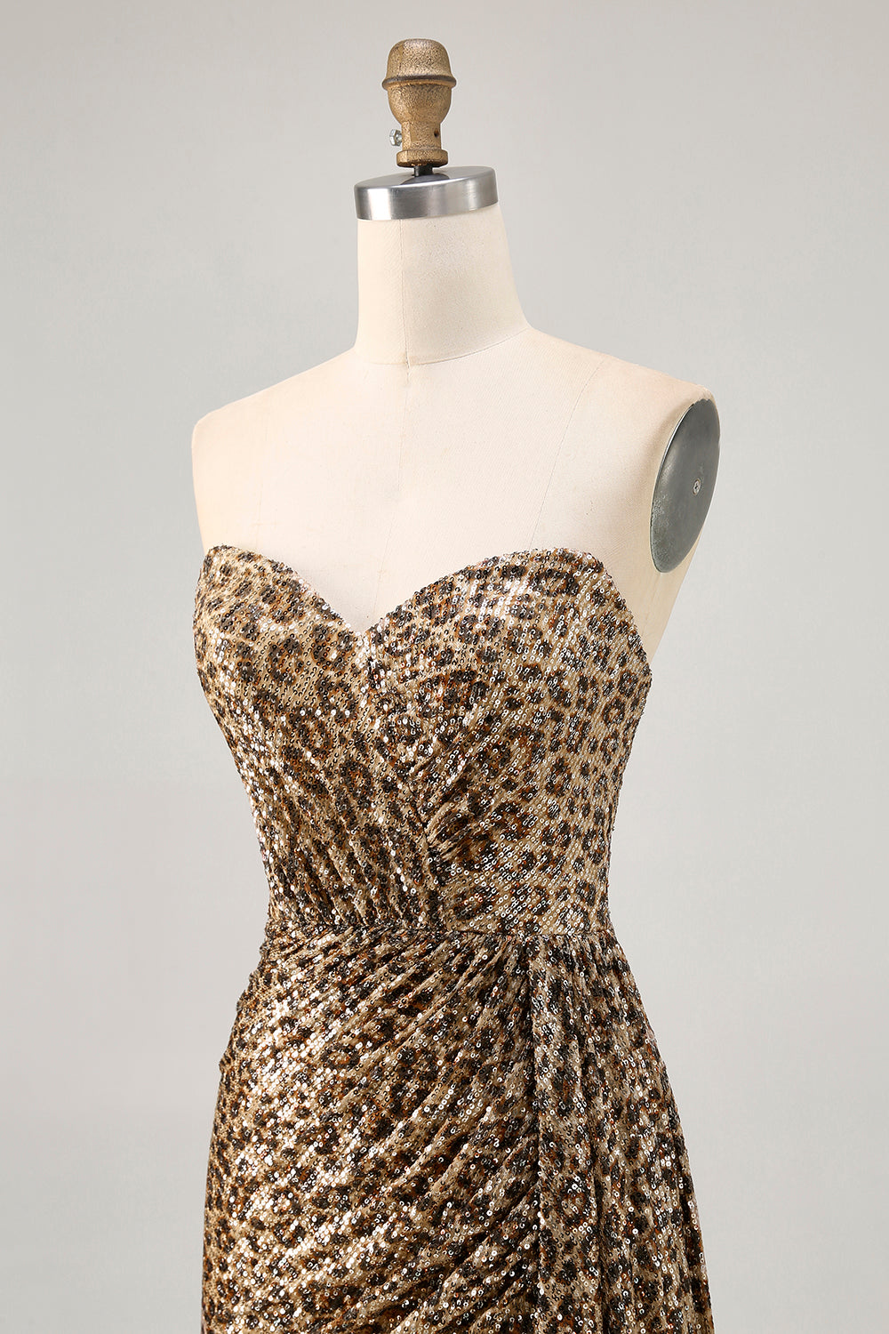 Khaki Leopard Ruched Strapless Short Prom Dress with Streamer