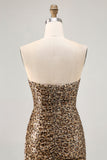 Khaki Leopard Ruched Strapless Short Prom Dress with Streamer