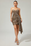 Khaki Leopard Ruched Strapless Short Prom Dress with Streamer