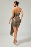 Khaki Leopard Ruched Strapless Short Prom Dress with Streamer