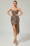 Khaki Leopard Ruched Strapless Short Prom Dress with Streamer