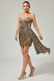 Khaki Leopard Ruched Strapless Short Prom Dress with Streamer