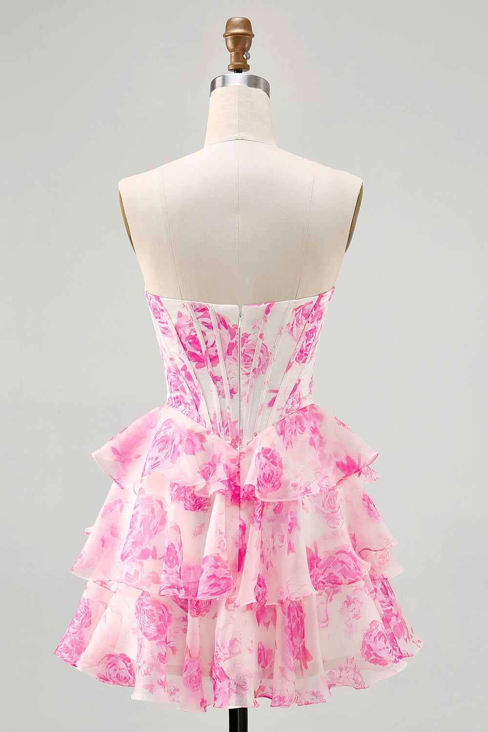 Pink Floral A-Line Strapless Corset Short Prom Dress with Sequins