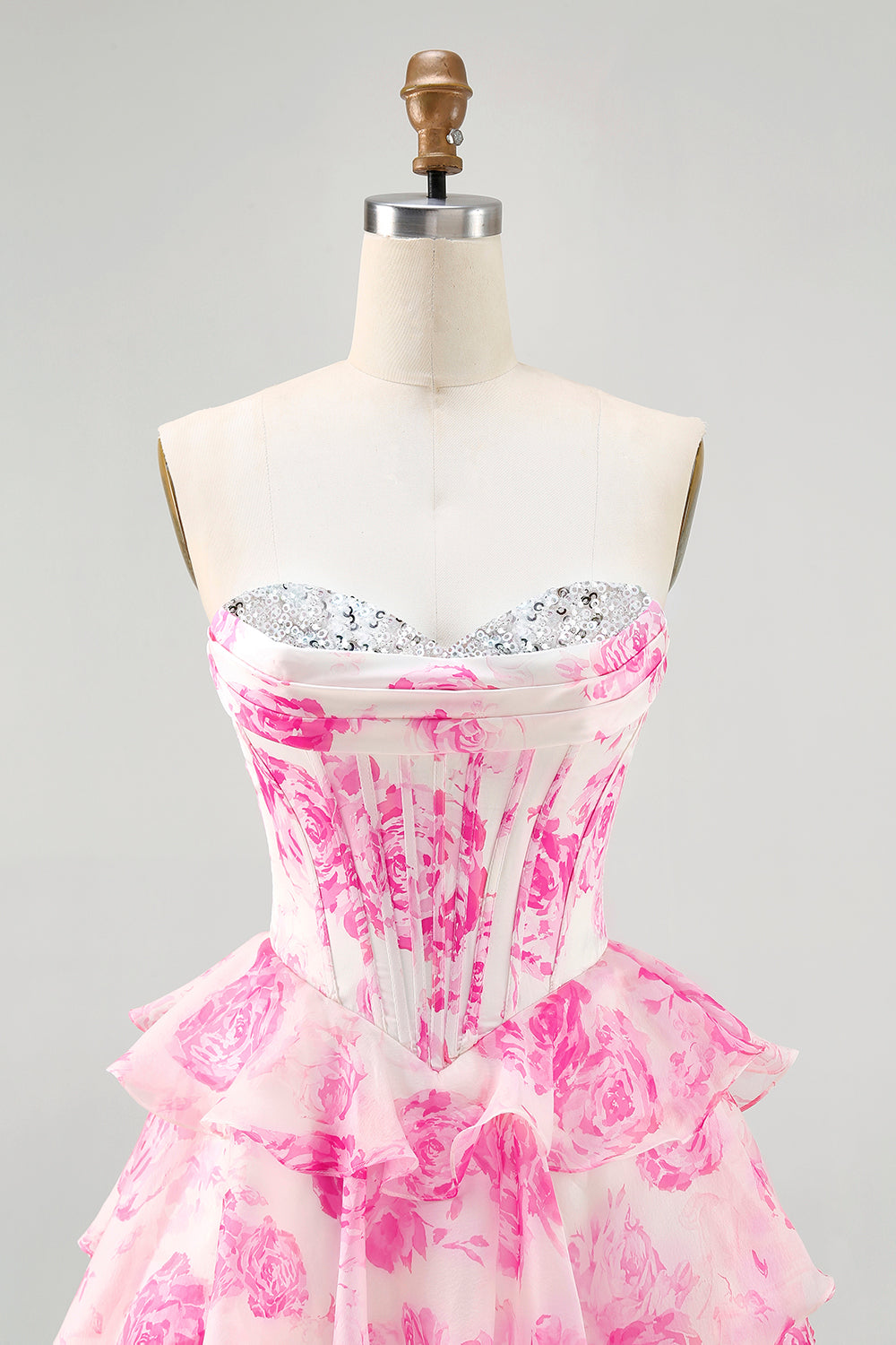 White Blue Flower A-line Strapless Corset Tiered Short Prom Dress with Sequins