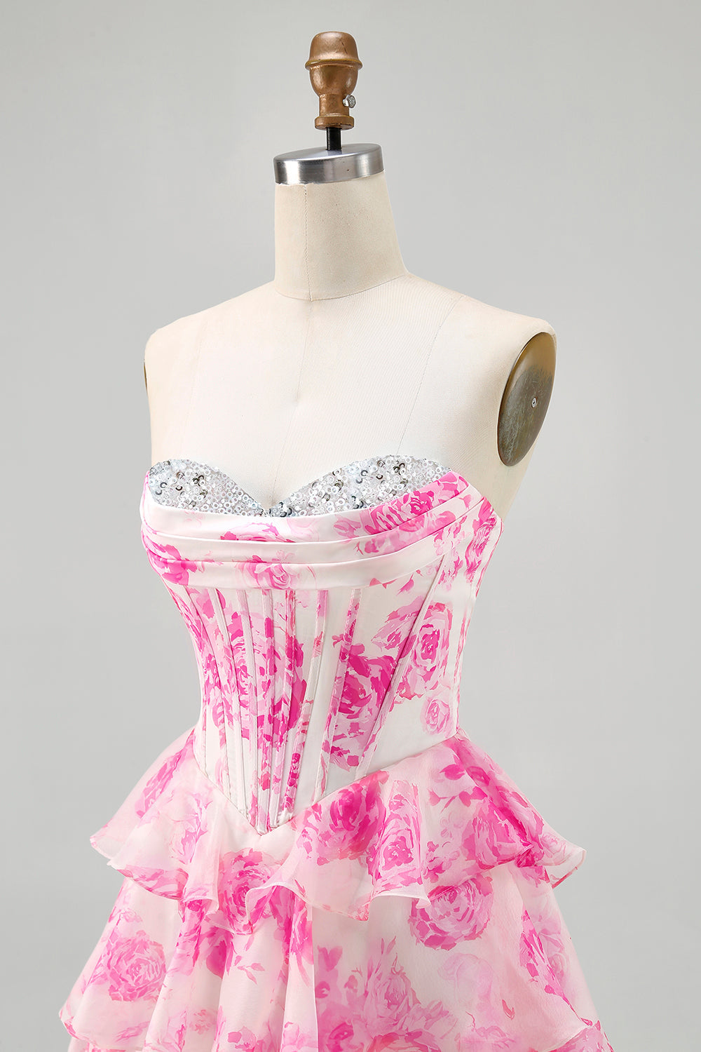 White Blue Flower A-line Strapless Corset Tiered Short Prom Dress with Sequins