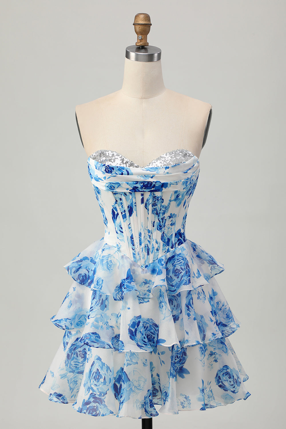 White Blue Flower A-line Strapless Corset Tiered Short Prom Dress with Sequins