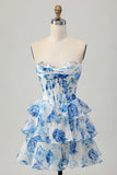 White Blue Floral A Line Strapless Corset Tiered Short Prom Dress