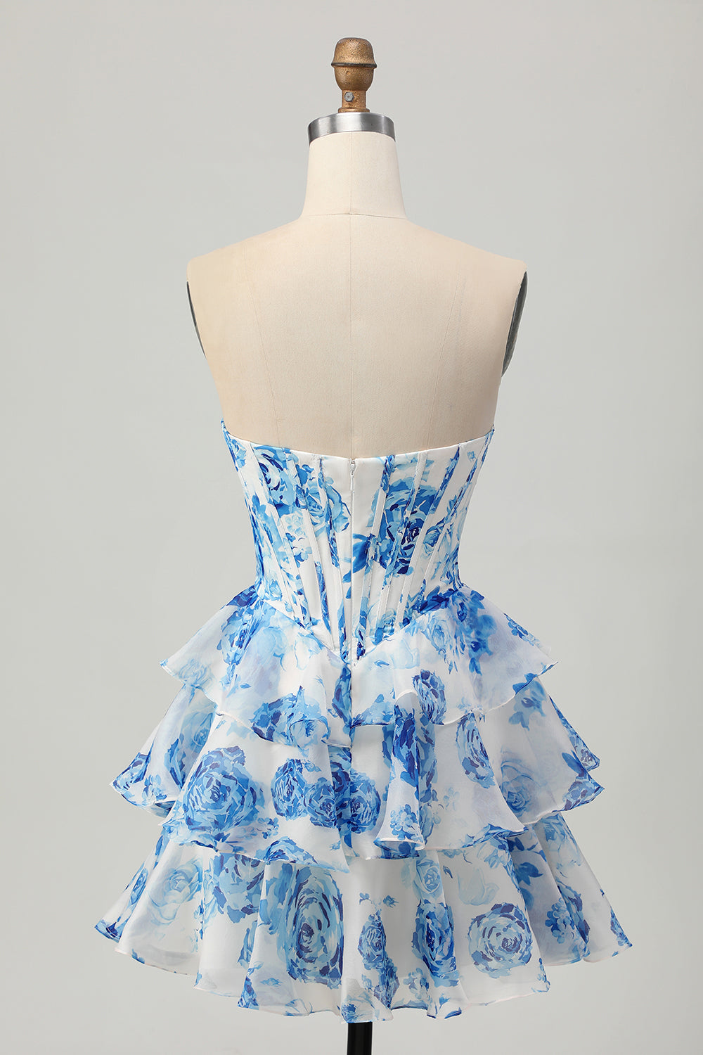 White Blue Floral A Line Strapless Corset Tiered Short Prom Dress