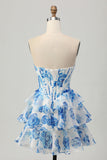 White Blue Floral A Line Strapless Corset Tiered Short Prom Dress