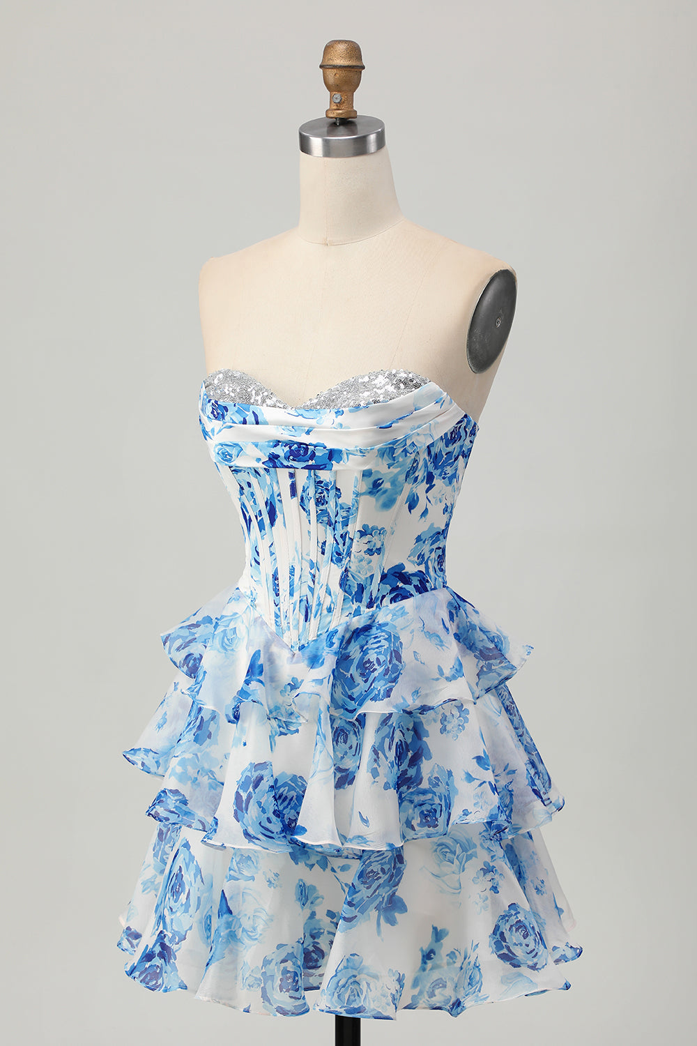 White Blue Flower A-line Strapless Corset Tiered Short Prom Dress with Sequins