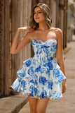 White Blue Floral A Line Strapless Corset Tiered Short Prom Dress