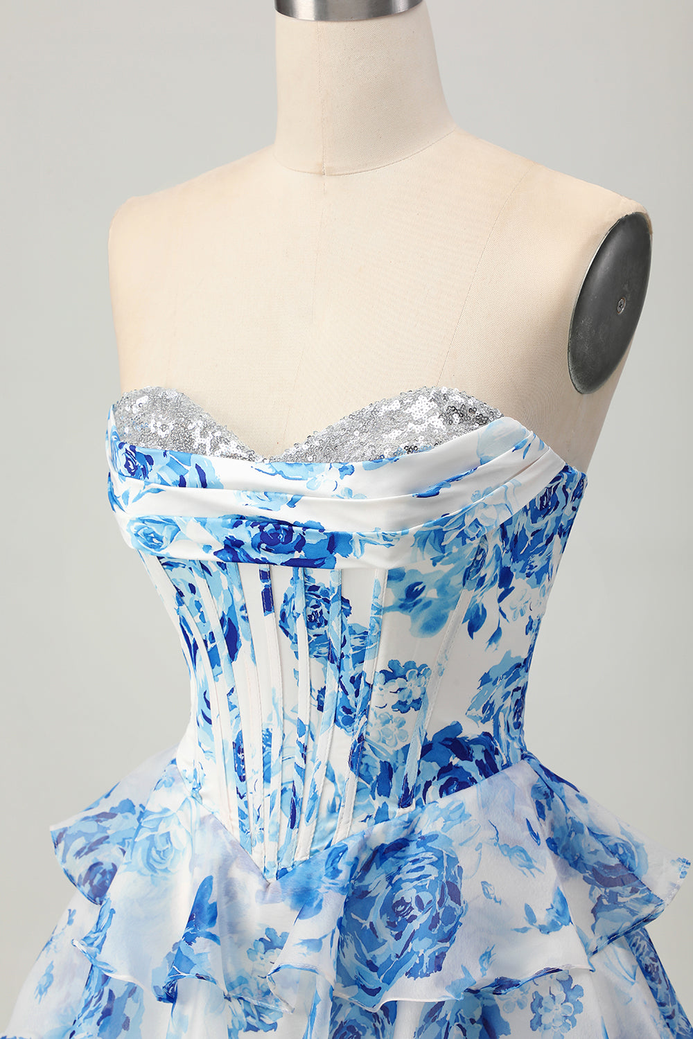 White Blue Flower A-line Strapless Corset Tiered Short Prom Dress with Sequins