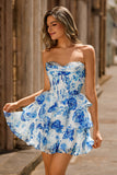 White Blue Floral A Line Strapless Corset Tiered Short Prom Dress