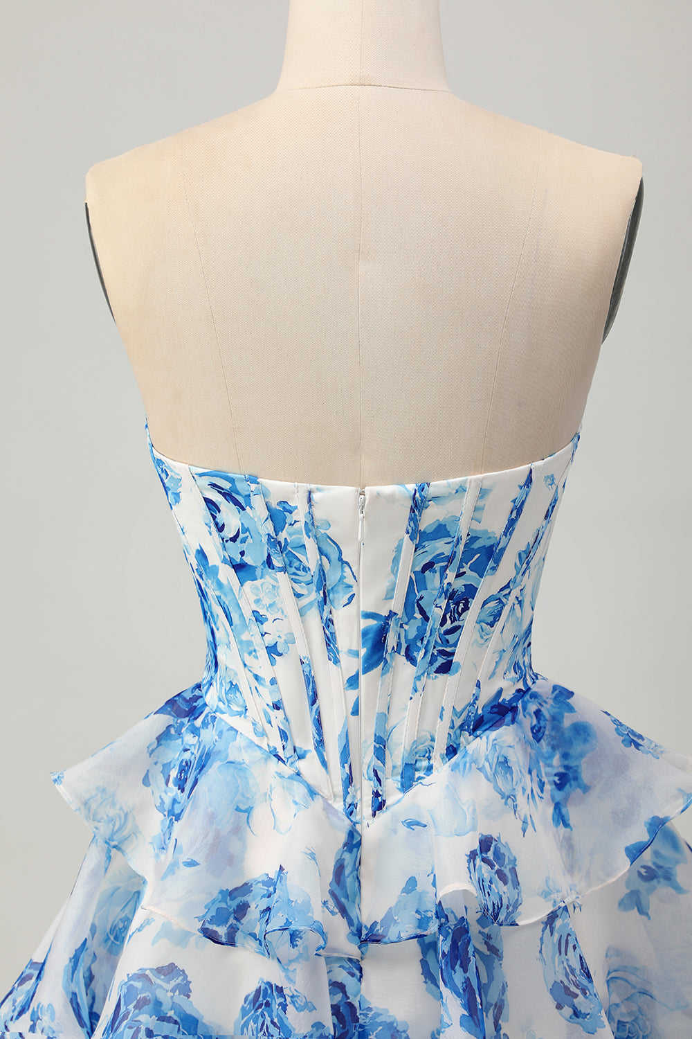 White Blue Flower A-line Strapless Corset Tiered Short Prom Dress with Sequins
