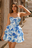 White Blue Floral A Line Strapless Corset Tiered Short Prom Dress