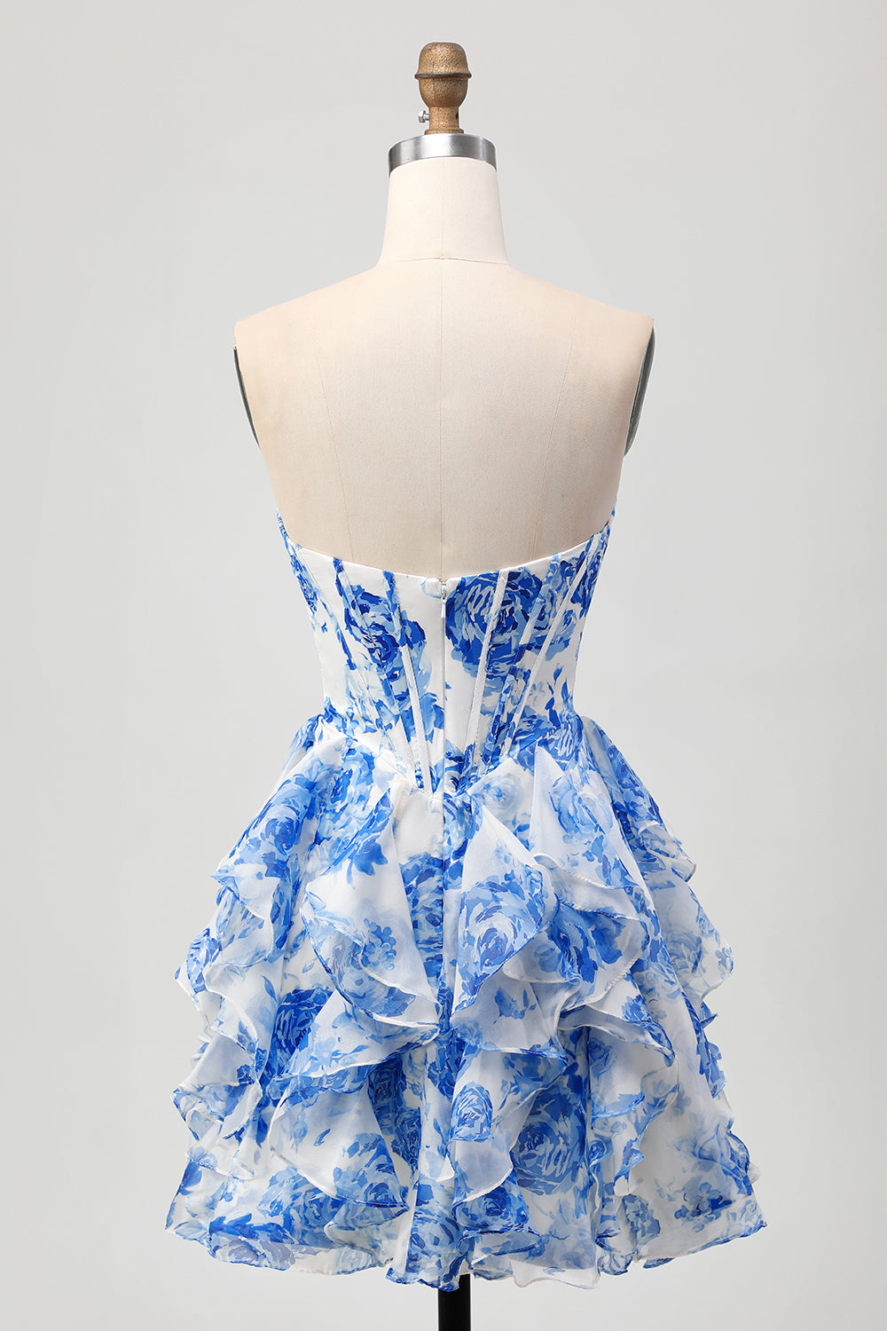 White Blue Floral A-line Strapless Ruffle Cut Out Cocktail Dress with Bow