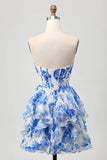 White Blue Floral Strapless A Line Corset Cut Out Cocktail Dress with Bow