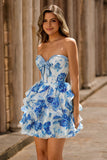 White Blue Floral Strapless A Line Corset Cut Out Cocktail Dress with Bow