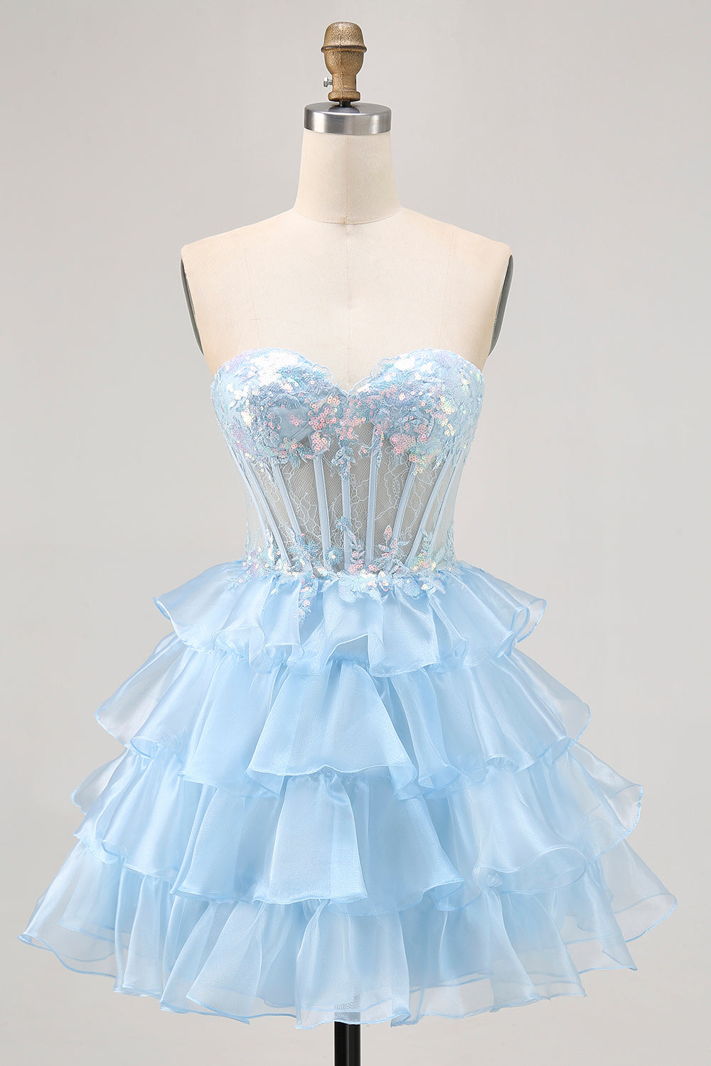 Tiered Sequin Blue Strapless Corset Cocktail Dress