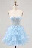 Tiered Sequin Blue Strapless Corset Cocktail Dress