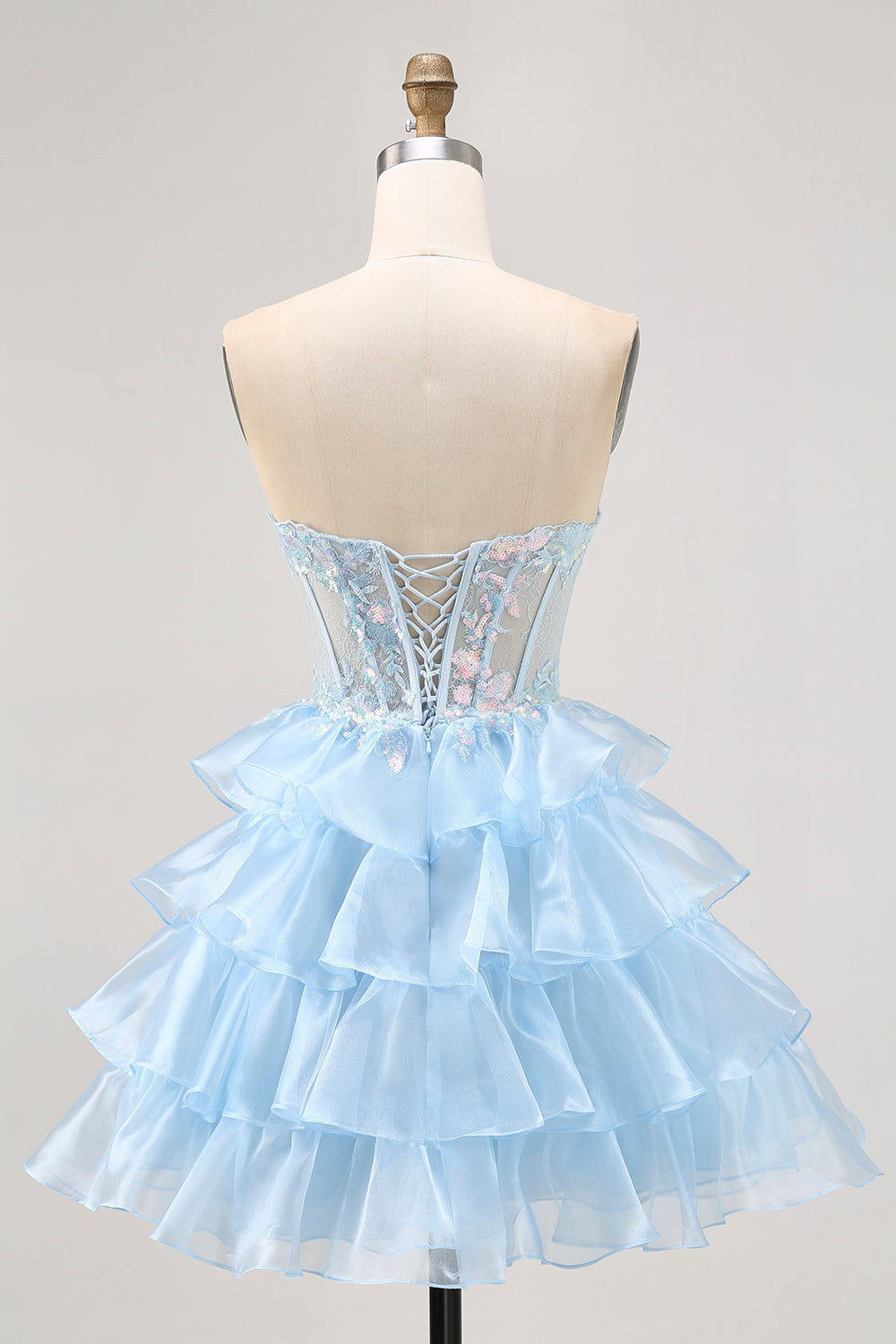 Tiered Sequin Blue Strapless Corset Cocktail Dress