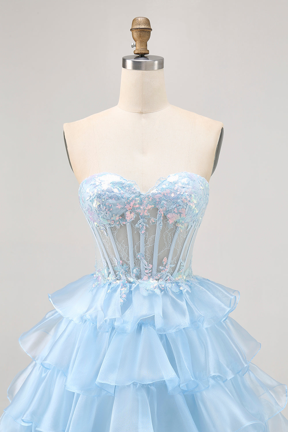 Tiered Sequin Blue Strapless Corset Cocktail Dress