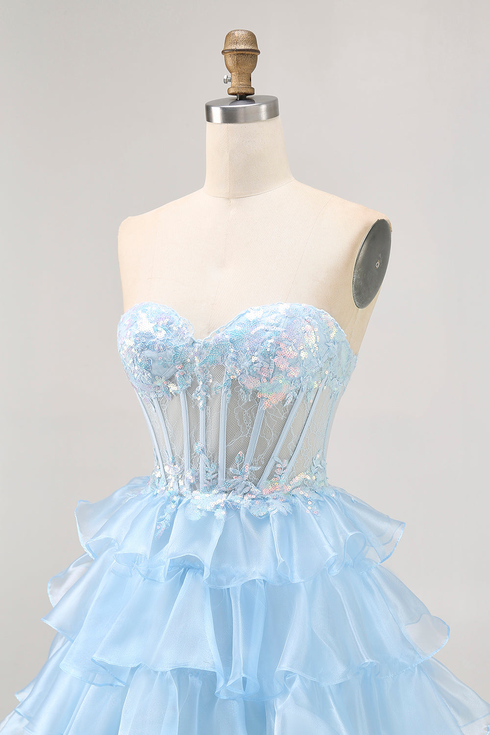 Tiered Sequin Blue Strapless Corset Cocktail Dress