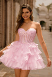 Pink Tiered Sequins Strapless Corset Mini Cocktail Dress