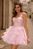 Pink Tiered Sequins Strapless Corset Mini Cocktail Dress