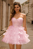 Pink Tiered Sequins Strapless Corset Mini Cocktail Dress