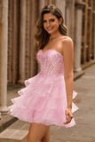 Pink Tiered Sequins Strapless Corset Mini Cocktail Dress