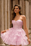 Pink Tiered Sequins Strapless Corset Mini Cocktail Dress