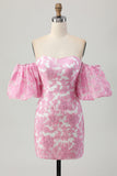 Strapless Floral Textured Pink Cocktail Dress with Puff Sleeves