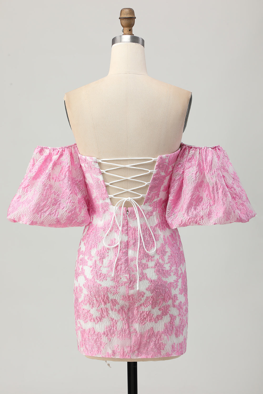 Strapless Floral Textured Pink Cocktail Dress with Puff Sleeves