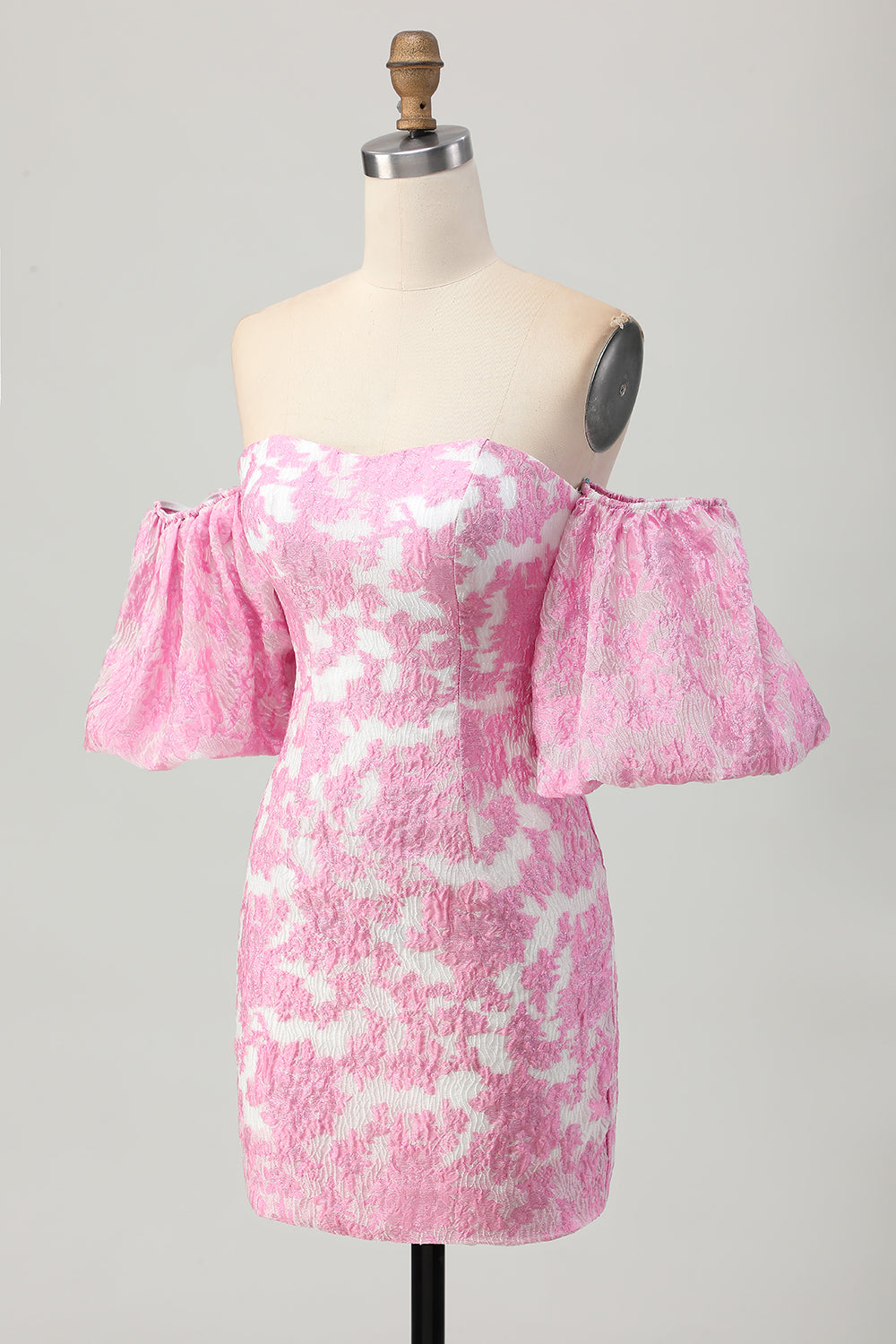 Pink Floral Off the Shoulder Short Prom Dress with Detachable Sleeves